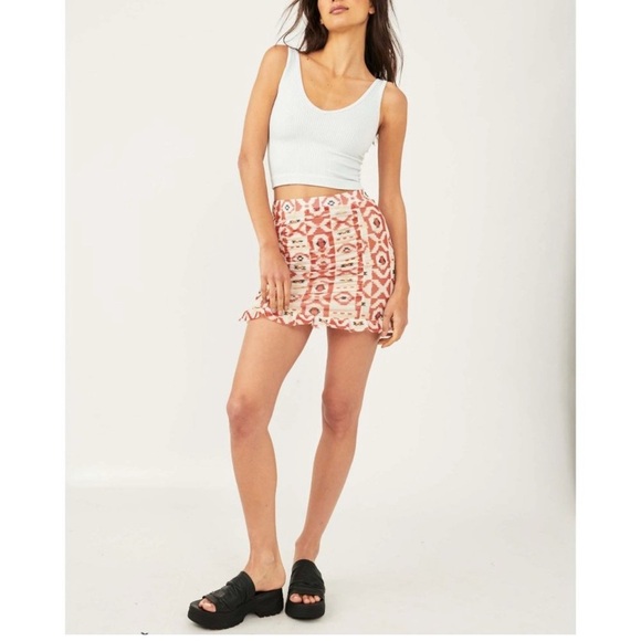 Free People Romi Ruched Mesh Ruffle Hem Skirt Geometric Tribal Print Medium - Picture 1 of 14